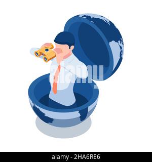 Wohnung 3D Isometrischer Geschäftsmann schaut durch Ferngläser in die Welt. Business Vision Konzept. Stock Vektor