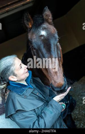 Eine reife Reiterin verbringt die letzten kostbaren Stunden, bevor ein Pferd aufgrund von schlechtem Gesundheitszustand und Alter abgesetzt wird. Stockfoto