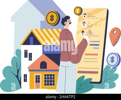 Investor oder makler, Makler oder Kunde, die über den Kauf einer Wohnung oder eines Hauses nachdenken. Männlicher Charakter mit Charts und Geld, mit Blick auf Standort und urbane Territ Stock Vektor