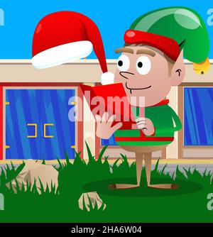 Weihnachtself liest ein rotes Buch. Vektor Cartoon Figur Illustration von Santa Claus kleinen Arbeiter, Helfer. Stock Vektor