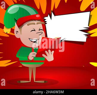Weihnachtself liest ein rotes Buch. Vektor Cartoon Figur Illustration von Santa Claus kleinen Arbeiter, Helfer. Stock Vektor