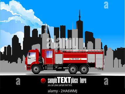 Feuerwehrmaschine im Hintergrund der Stadt. Vektorgrafik Stock Vektor