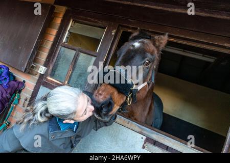 Eine reife Reiterin verbringt die letzten kostbaren Stunden, bevor ein Pferd aufgrund von schlechtem Gesundheitszustand und Alter abgesetzt wird. Stockfoto