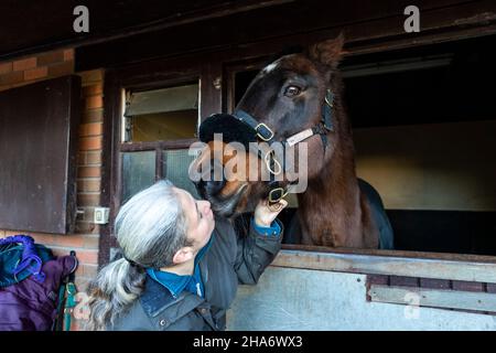 Eine reife Reiterin verbringt die letzten kostbaren Stunden, bevor ein Pferd aufgrund von schlechtem Gesundheitszustand und Alter abgesetzt wird. Stockfoto