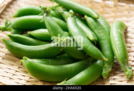 Schnappen Sie Erbsen auf ein Bambuskolander. Nahaufnahme, Bild von Schnapperbsen. Stockfoto