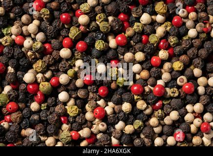 Hintergrund des gemischten Pfefferszons. Pepperkon in schwarz, rot, weiß und grün. Nahaufnahme Stockfoto