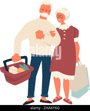 Seniorenpaar kauft Produkte im Lebensmittelgeschäft ein. Großmutter und Großvater, Rentner im Ruhestand, die ein ruhiges Leben führen. Mann mit Korb und Stock Vektor