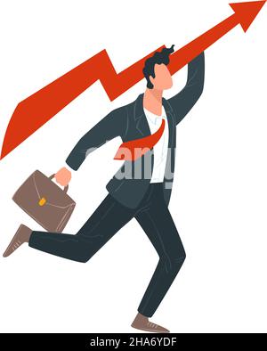 Männlicher Charakter bei der Arbeit, Wachstum und Erfolg im Unternehmen gefördert. Mitarbeiter mit laufendem Koffer und Erzielen von Ergebnissen. Chef oder Direktor, Mitarbeiter w Stock Vektor