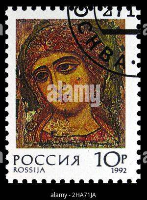 MOSKAU, RUSSLAND - 4. NOVEMBER 2021: Die in Russland gedruckte Briefmarke zeigt Erzengel Gabriel, Russisches Museum, Sankt Petersburg (13th.), Russisches Religi Stockfoto