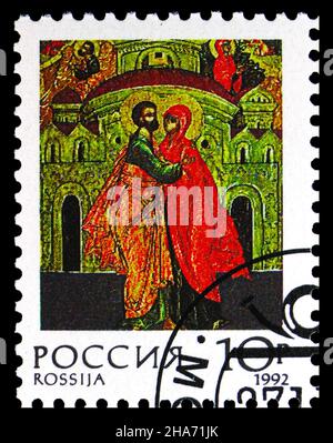 MOSKAU, RUSSLAND - 4. NOVEMBER 2021: In Russland gedruckte Briefmarke zeigt Treffen von Joachim und Anna, Stockholmer Galerie (17th c.), Russische religiöse I Stockfoto