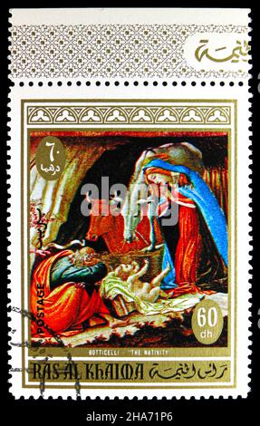 MOSKAU, RUSSLAND - 4. NOVEMBER 2021: Die in Ras Al Khaimah gedruckte Briefmarke zeigt die Geburt Christi; von Sandro Botticelli (1445-1510), das Leben der BL Stockfoto