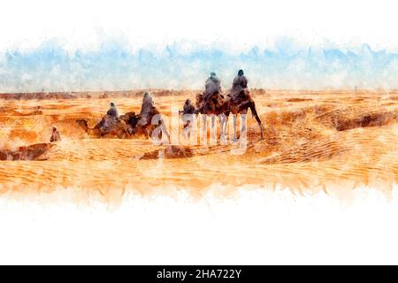 Aquarellzeichnung. Blick auf Touristen, die bei starkem Wind auf Kamelen in der Sahara reiten Stockfoto