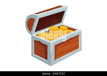 Schatzkiste voller goldener Münzen im Cartoon-Stil auf weißem Hintergrund isoliert. Spielelement, ui. Offenes strukturiertes Objekt aus Holz. Vektorgrafik Stock Vektor