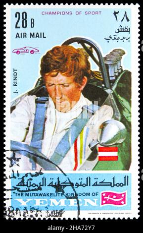 MOSKAU, RUSSLAND - 4. NOVEMBER 2021: Die im Jemen gedruckte Briefmarke zeigt J. Rindt, Champions of Sport Serie, um 1969 Stockfoto