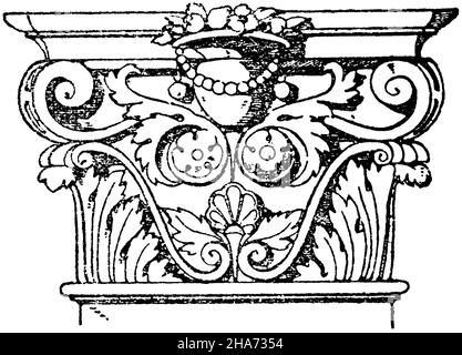 Korinthische Pilaster-Hauptstadt. Italienische Renaissance. Kapelle des Palazzo vecchio in Florenz. Geschnitzt in Holz. (Musterschmuck), , ML (Musterbuch, ) Stockfoto