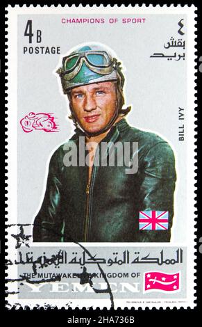 MOSKAU, RUSSLAND - 4. NOVEMBER 2021: Die im Jemen gedruckte Briefmarke zeigt Bill Ivy, Champions of Sport Serie, um 1969 Stockfoto
