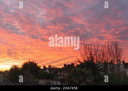 Southend on Sea, Großbritannien. 11th Dez 2021. Dramatischer roter Himmel über den Wohnhäusern bei Sonnenaufgang. Penelope Barritt/Alamy Live News Stockfoto