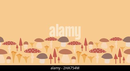 Pilze Seemänner Grenze. Dekoratives Nahtmuster auf gelbem Hintergrund. Stock Vektor