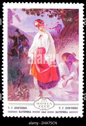 MOSKAU, RUSSLAND - 8. NOVEMBER 2021: Die in der Sowjetunion gedruckte Briefmarke zeigt Katerina, Taras Schewtschenko (1842), Serie der bildenden Kunst der Ukraine, um 197 Stockfoto