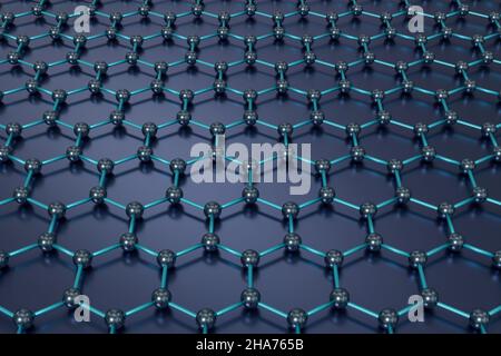 Graphene molekulares Gitter, sechseckige atomare Struktur - Nanotechnologie Hintergrund 3D Rendering Stockfoto