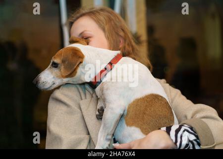 Junge Frau, die einen Hund in den Händen hält. Hund Legte Ihren Kopf Auf Ihre Schulter. Stockfoto