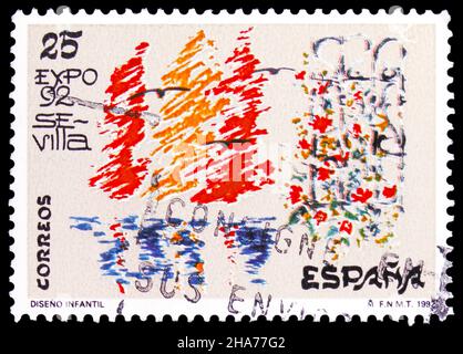 MOSKAU, RUSSLAND - 8. NOVEMBER 2021: Die in Spanien gedruckte Briefmarke zeigt Childs Drawing, Expo -92 World Fair, um 1992 Stockfoto