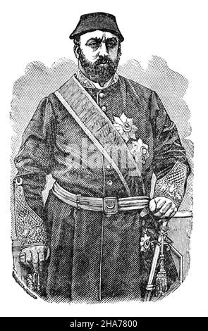 Ein Porträt von Abdulaziz (1830-1876) aus dem späten 19th. Jahrhundert, dem Sultan des Osmanischen Reiches von 32nd, der vom 25. Juni 1861 bis zum 30. Mai 1876 regierte, wo er durch einen Staatsstreich gestürzt wurde. Er war der erste osmanische Sultan, der nach Westeuropa reiste, und abgesehen von seiner Leidenschaft für die osmanische Marine, die 1875 die drittgrößte Flotte der Welt besaß, interessierte sich der Sultan für die Dokumentation des Osmanischen Reiches. Am 30. Mai 1876 wurde er aufgrund eines Missmanagements der osmanischen Wirtschaft abgesetzt und sechs Tage später unter unnatürlichen und geheimnisvollen Umständen tot aufgefunden. Stockfoto