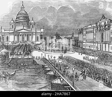 Eine Illustration einer Militärparade am Isaac-Platz in St. Petersburgh, Russland, aus dem späten 19th. Jahrhundert. Die Isaakskathedrale, die zwischen 1818 und 1858 am Ufer der Newa vom französischen Architekten Auguste Montferrand erbaut wurde, war ursprünglich die Hauptkirche der Stadt und die größte Kathedrale Russlands. Einhundertachtzig Jahre später dominiert die vergoldete Kuppel des heiligen Isaaks noch heute die Skyline von St. Petersburg. Stockfoto