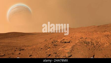 Landschaft auf dem Planeten Mars, szenische Wüstenszene auf dem roten Planeten.3D Illustration.Roter Planet. Mars Oberfläche Staub Atmosphäre.Erde-wie Planet.Erde-Typ Stockfoto
