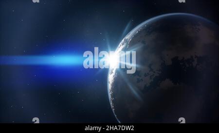3D Illustration eines blauen Planeten, der im All aufgeht Stockfoto