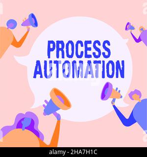Schild mit Anzeige der Prozessautomatisierung. Konzeptfoto Transformation rationalisierte Roboter, um Redundanz zu vermeiden Menschen zeichnen Halten ihre Megaphone Stockfoto