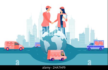 Weltweiter Versand und Vertrieb. Vector of Supply Chain Partners Handshaking having an Agreement Stock Vektor