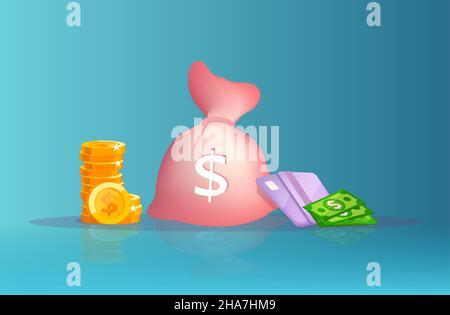 Geldkonzept. Vektor eines Geldbeutels, Münzstapel und Kreditkarte Stock Vektor