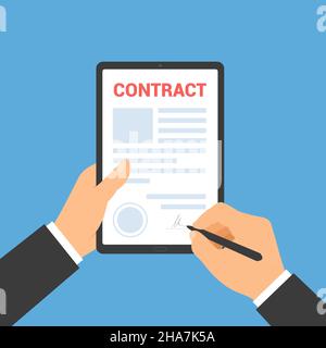 Flache Illustration einer Hand eines Managers oder Angestellten, der ein Touchscreen-Tablet hält. Stift unterzeichnet einen Geschäftsvertrag auf einem blauen Hintergrund - Vektor Stock Vektor
