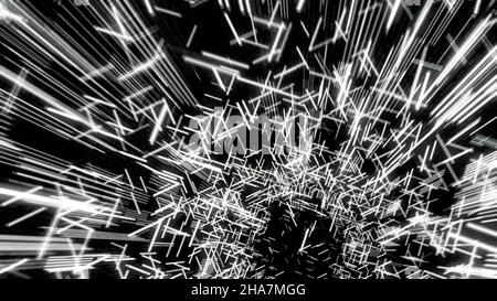 Monochromer abstrakter futuristischer Tunnel, bestehend aus fluoreszierenden weißen Leuchtlinien. Technologie 4K Videokonzept. Stockfoto