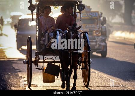 Kalesa, Fahrer und Passagier im Verkehr auf staubiger Straße, Cebu, Philippinen Stockfoto