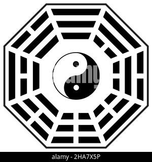 Yin- und Yang-Symbol mit Bagua-Anordnung. Yin- und Yang-Symbol. Bagua-Symbol. Flacher Stil. Stockfoto