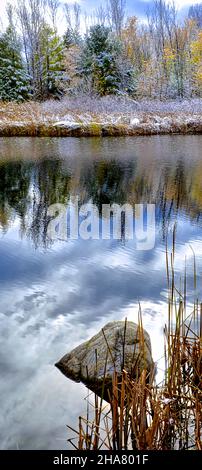 Im Winter frisch gefallener Schnee auf dem See des öffentlichen Parks. Stockfoto