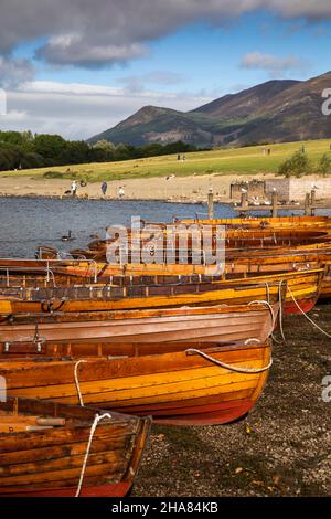 Großbritannien, Cumbria, Allerdale, Keswick, Derwentwater, Ruderboote am Seeufer Stockfoto