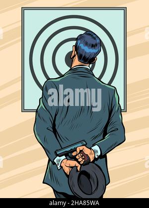 Ein Mann in einem Anzug in einer Schießgalerie mit einer Pistole untersucht das Ziel, das Ergebnis des Schießens Stock Vektor