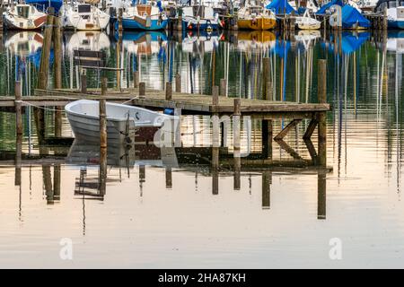 Blick auf das Steinhuder Meer mit Steg und die Marina in Steinhude, Niedersachsen, Deutschland Stockfoto