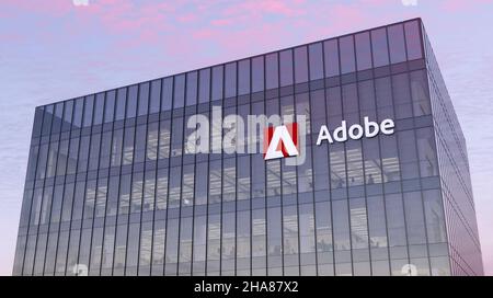 San Jose, CA, USA. 17. Oktober 2021, nur redaktionelle Verwendung, 3D CGI. Adobe Signage-Logo auf dem Glasgebäude. Workplace Computer Software Company in H Stockfoto