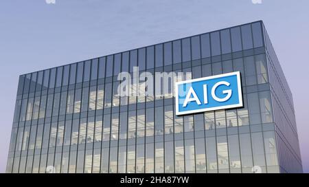 New York, NY, USA. 18. Oktober 2021, nur redaktionelle Verwendung, 3D CGI. AIG - American International Group. Finanz- und Versicherungsgesellschaft. Arbeitsplatz in hoch- Stockfoto