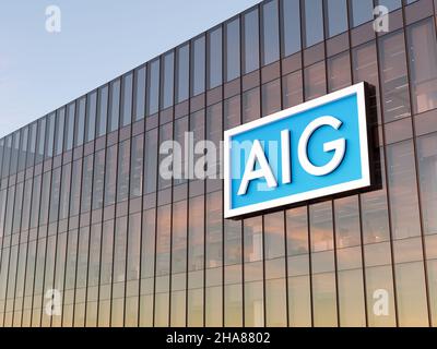 New York, NY, USA. 18. Oktober 2021, nur redaktionelle Verwendung, 3D CGI. AIG - American International Group. Finanz- und Versicherungsgesellschaft. Arbeitsplatz in hoch- Stockfoto