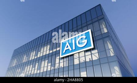 New York, NY, USA. 18. Oktober 2021, nur redaktionelle Verwendung, 3D CGI. AIG - American International Group. Finanz- und Versicherungsgesellschaft. Arbeitsplatz in hoch- Stockfoto