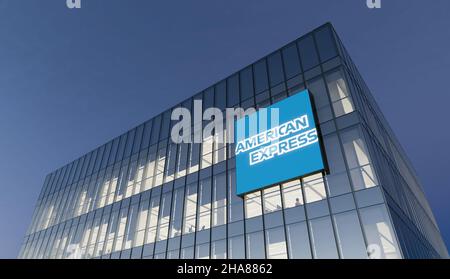 New York, NY, USA. 14. Oktober 2021. Nur zur redaktionellen Verwendung, 3D CGI. American Express Signage Logo Top of Glass Building. Multinationale Finanzunternehmen Am Arbeitsplatz Stockfoto