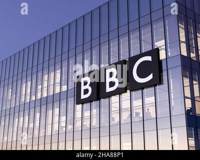 London, Großbritannien. 31. Oktober 2021, nur redaktionelle Verwendung, 3D CGI. BBC British Broadcasting Corporation ist ein multinationales Fernsehsendenetzwerk. Workplac Stockfoto