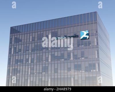 Waltham, Massachusetts, Usa. 6. November 2021. Nur zur redaktionellen Verwendung, 3D CGI. Logo der Boston Dynamics Corporation auf dem Glasgebäude Stockfoto