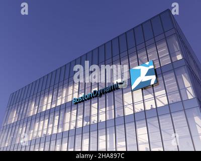 Waltham, Massachusetts, Usa. 6. November 2021. Nur zur redaktionellen Verwendung, 3D CGI. Logo der Boston Dynamics Corporation auf dem Glasgebäude Stockfoto