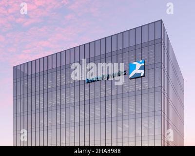 Waltham, Massachusetts, Usa. 6. November 2021. Nur zur redaktionellen Verwendung, 3D CGI. Logo der Boston Dynamics Corporation auf dem Glasgebäude Stockfoto